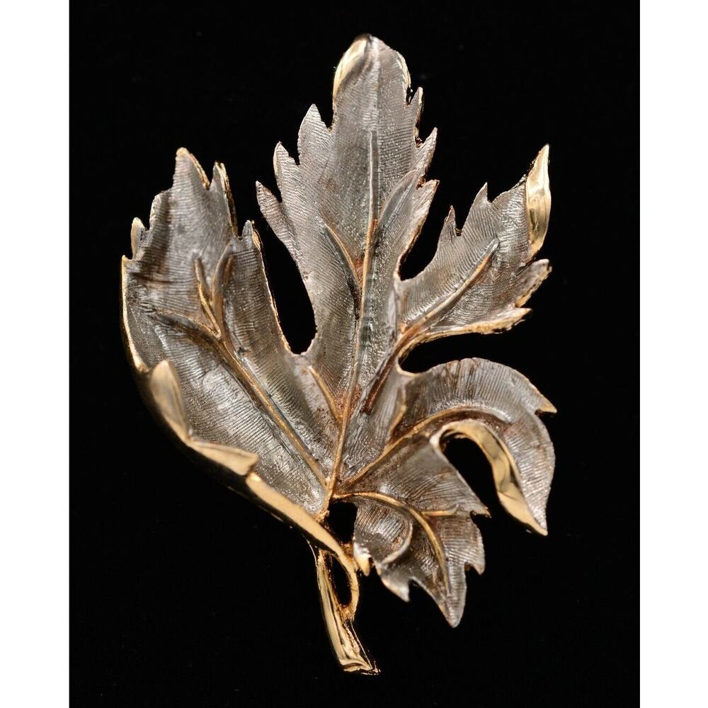 Vintage Leaf Pin Brooch Dark Silver Gold Textured Heavy Chunky 1980s BinAP